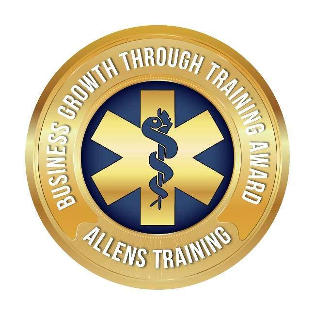 Gold circular award logo for the "Business Growth Through Training Award" given by Allens Training.